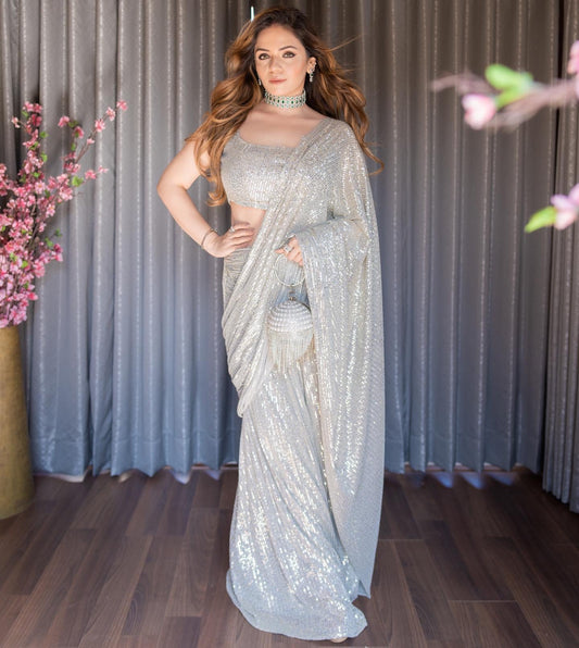 Captivating Heavy Georgette Saree with 3MM Sequin Embroidery & Designer Blouse | Elegant Partywear YNF