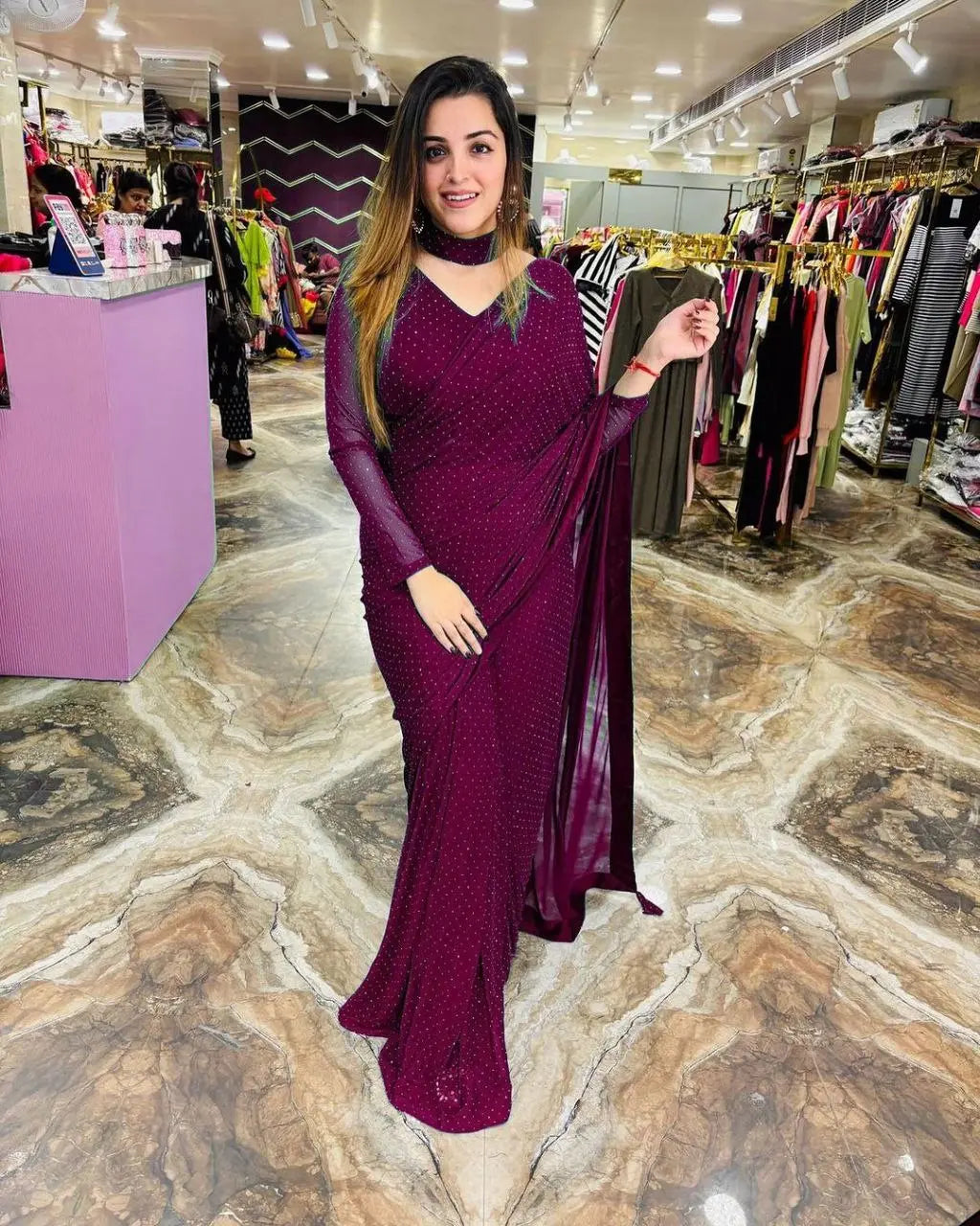 Premium Fux Georgette Saree with Swarovski Work | Free Size (28-44) YNF