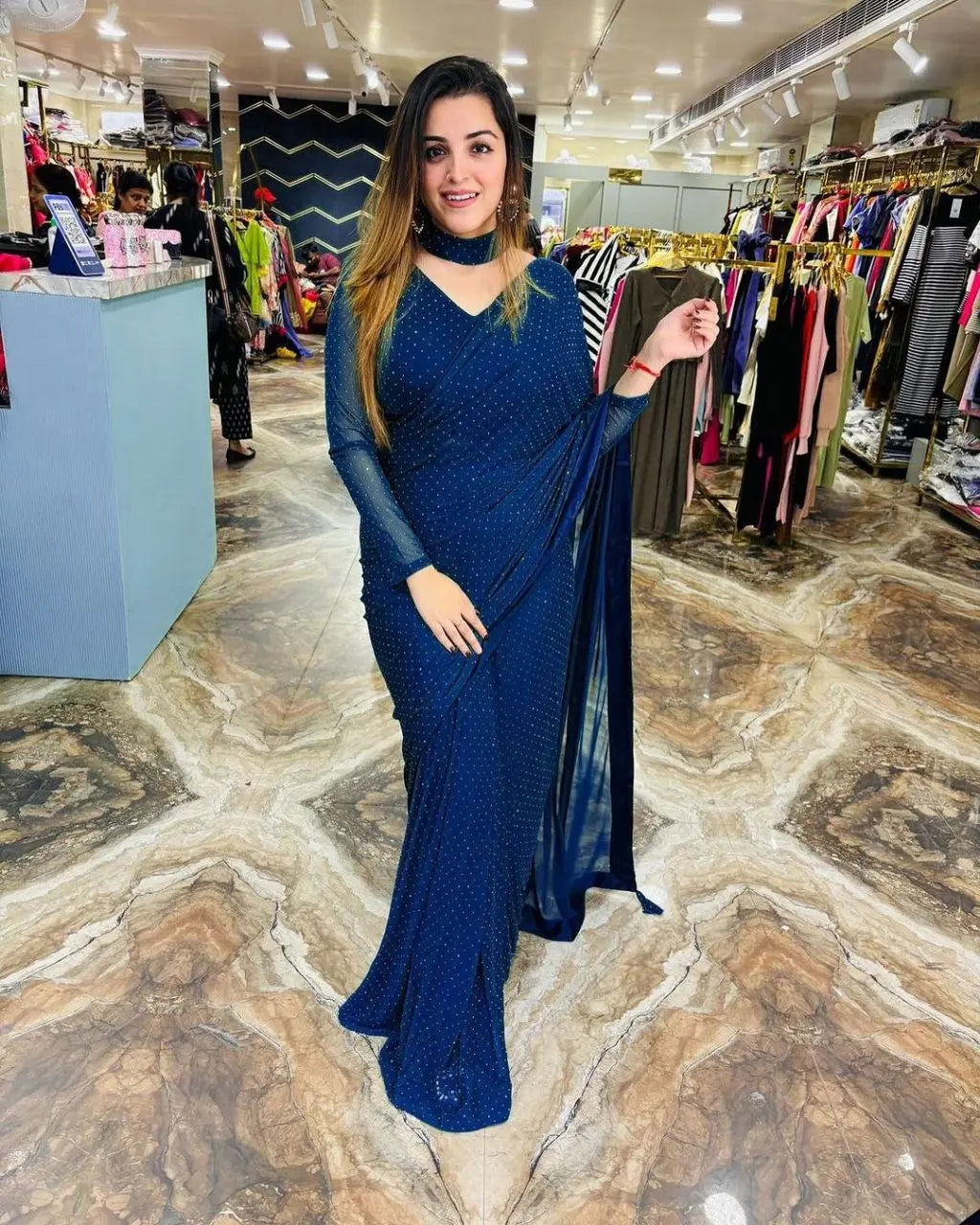 Premium Fux Georgette Saree with Swarovski Work | Free Size (28-44) YNF