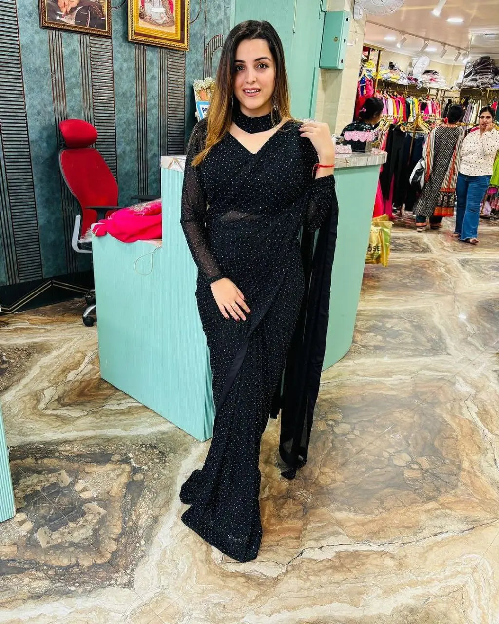 Premium Fux Georgette Saree with Swarovski Work | Free Size (28-44) YNF