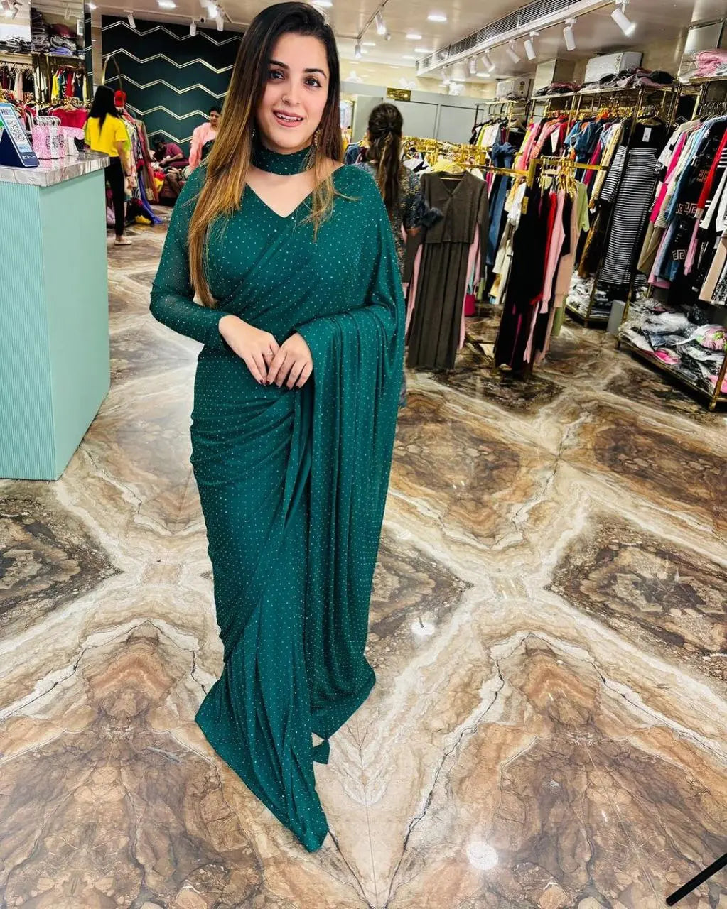 Premium Fux Georgette Saree with Swarovski Work | Free Size (28-44) YNF