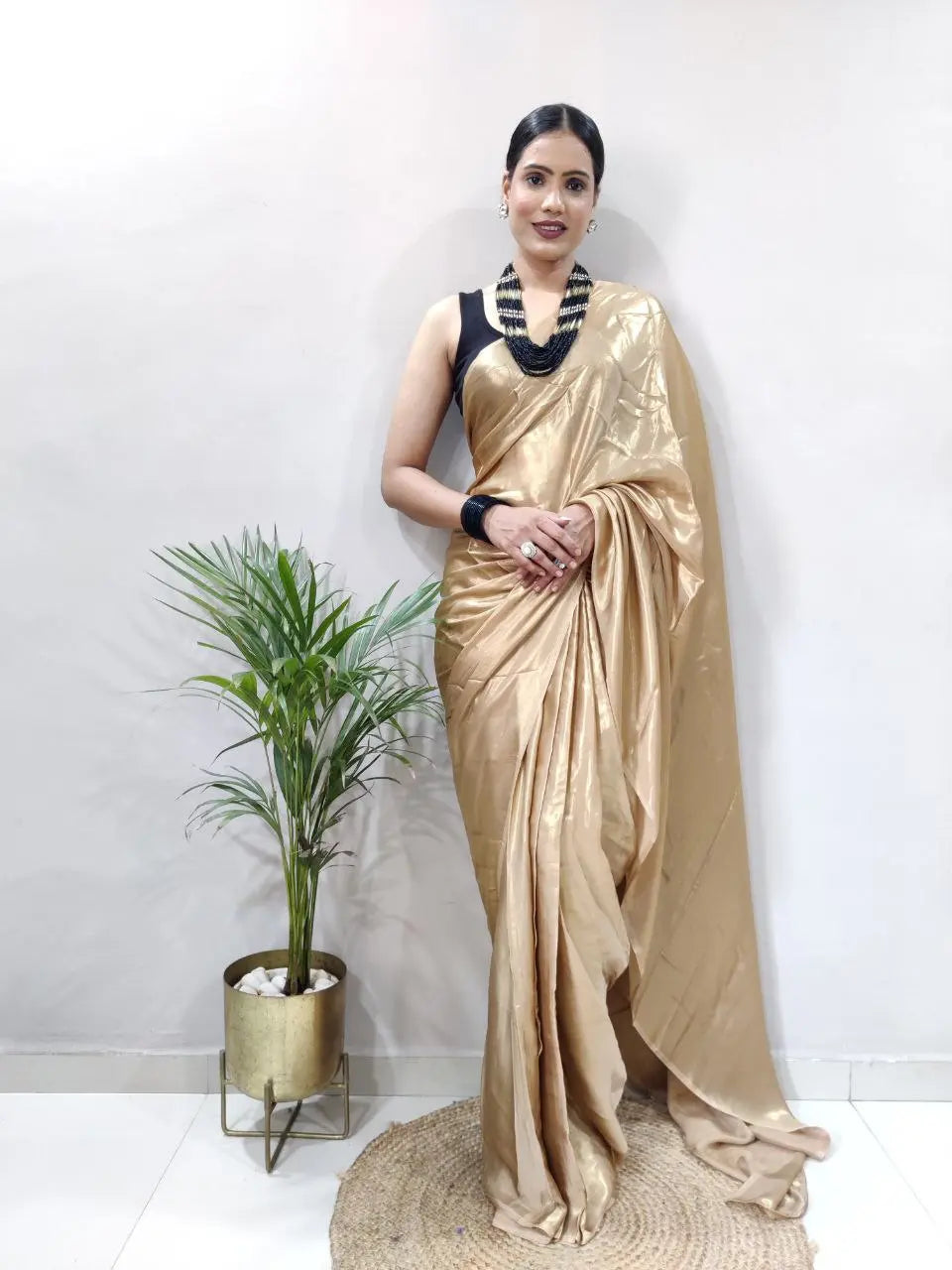 Stunning Shimmer Satin Silk Saree with Stitched Banglori Silk Blouse | Adjustable Size YNF