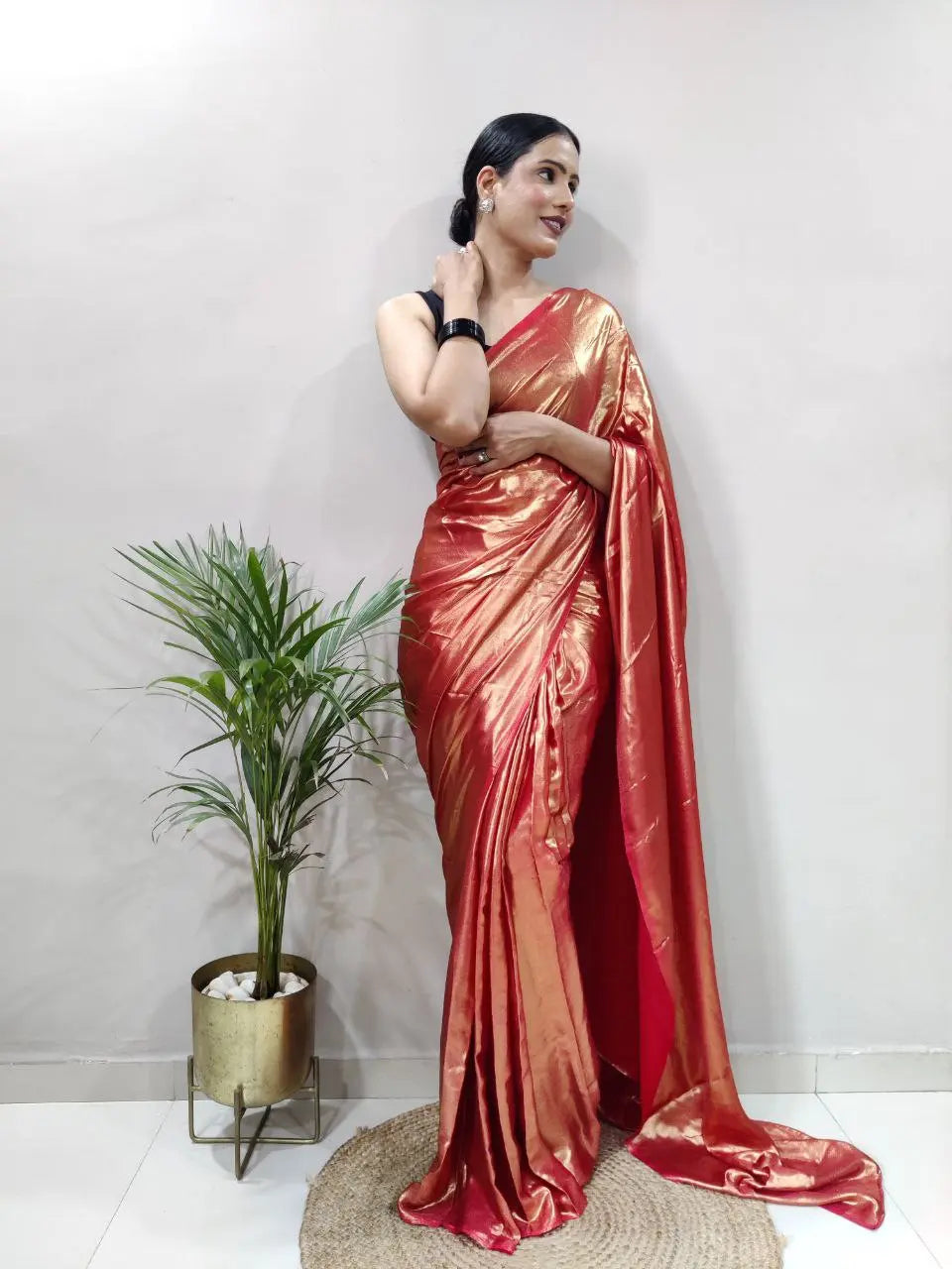 Stunning Shimmer Satin Silk Saree with Stitched Banglori Silk Blouse | Adjustable Size YNF