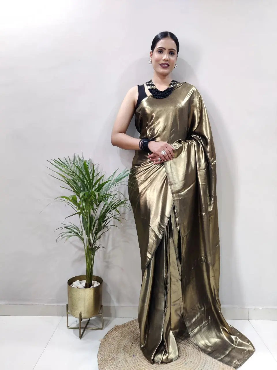 Stunning Shimmer Satin Silk Saree with Stitched Banglori Silk Blouse | Adjustable Size YNF