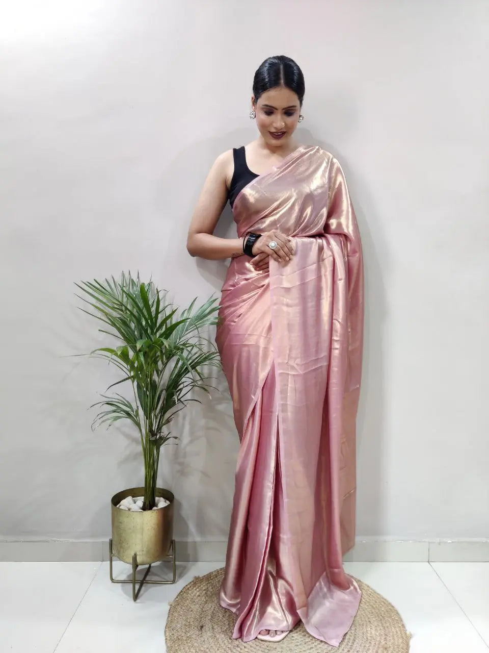 Stunning Shimmer Satin Silk Saree with Stitched Banglori Silk Blouse | Adjustable Size YNF