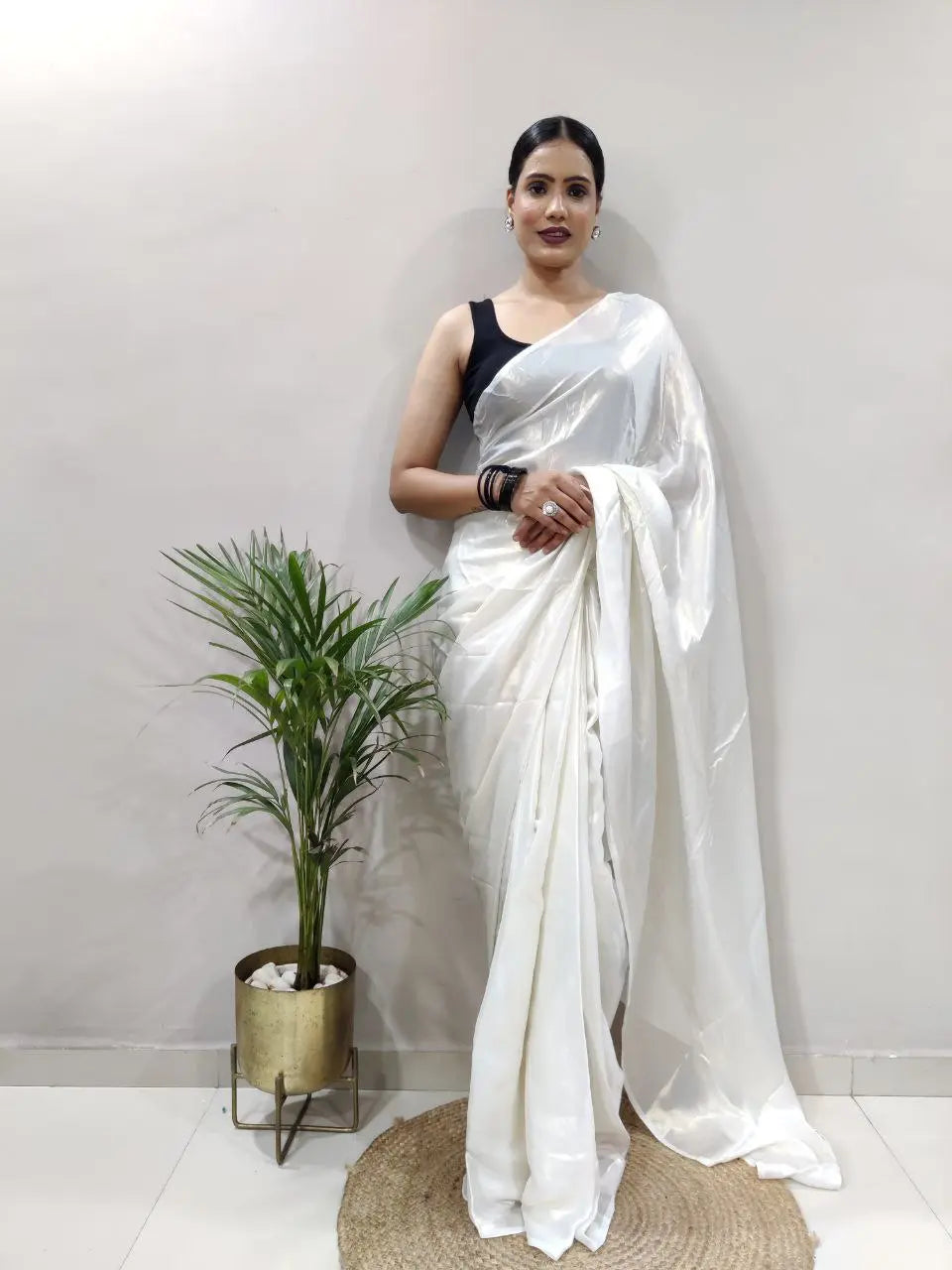 Stunning Shimmer Satin Silk Saree with Stitched Banglori Silk Blouse | Adjustable Size YNF
