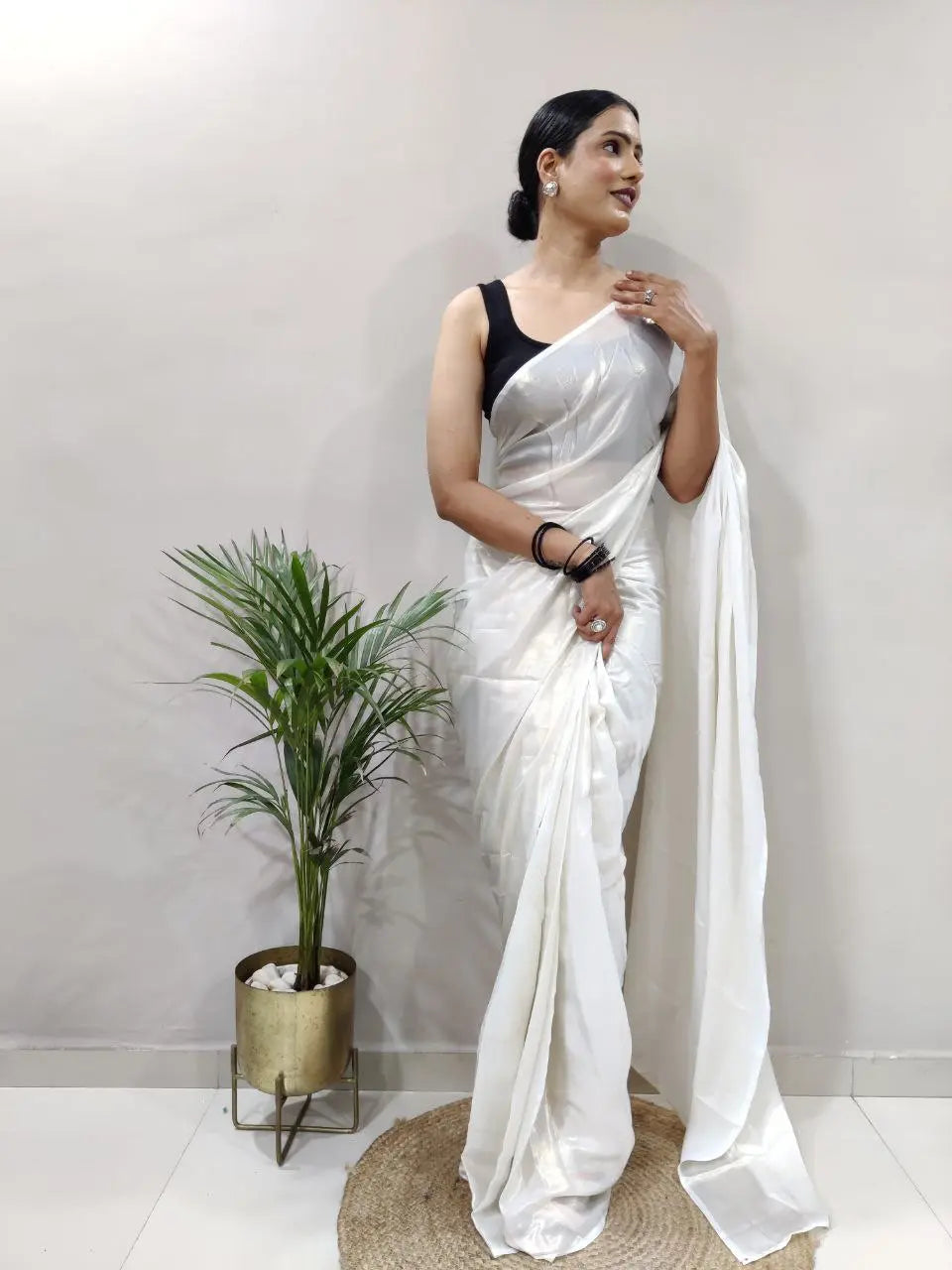 Stunning Shimmer Satin Silk Saree with Stitched Banglori Silk Blouse | Adjustable Size YNF