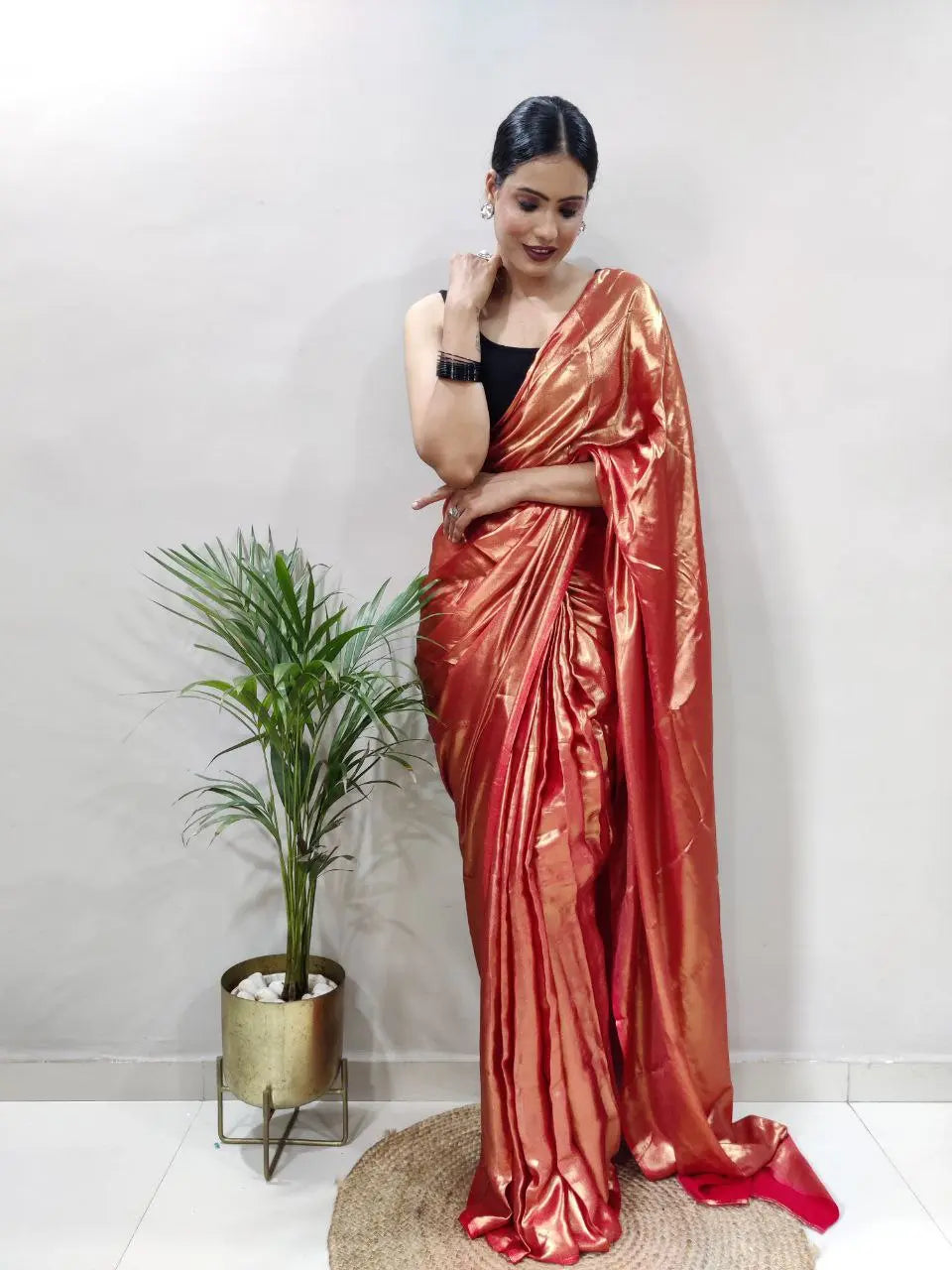 Stunning Shimmer Satin Silk Saree with Stitched Banglori Silk Blouse | Adjustable Size YNF