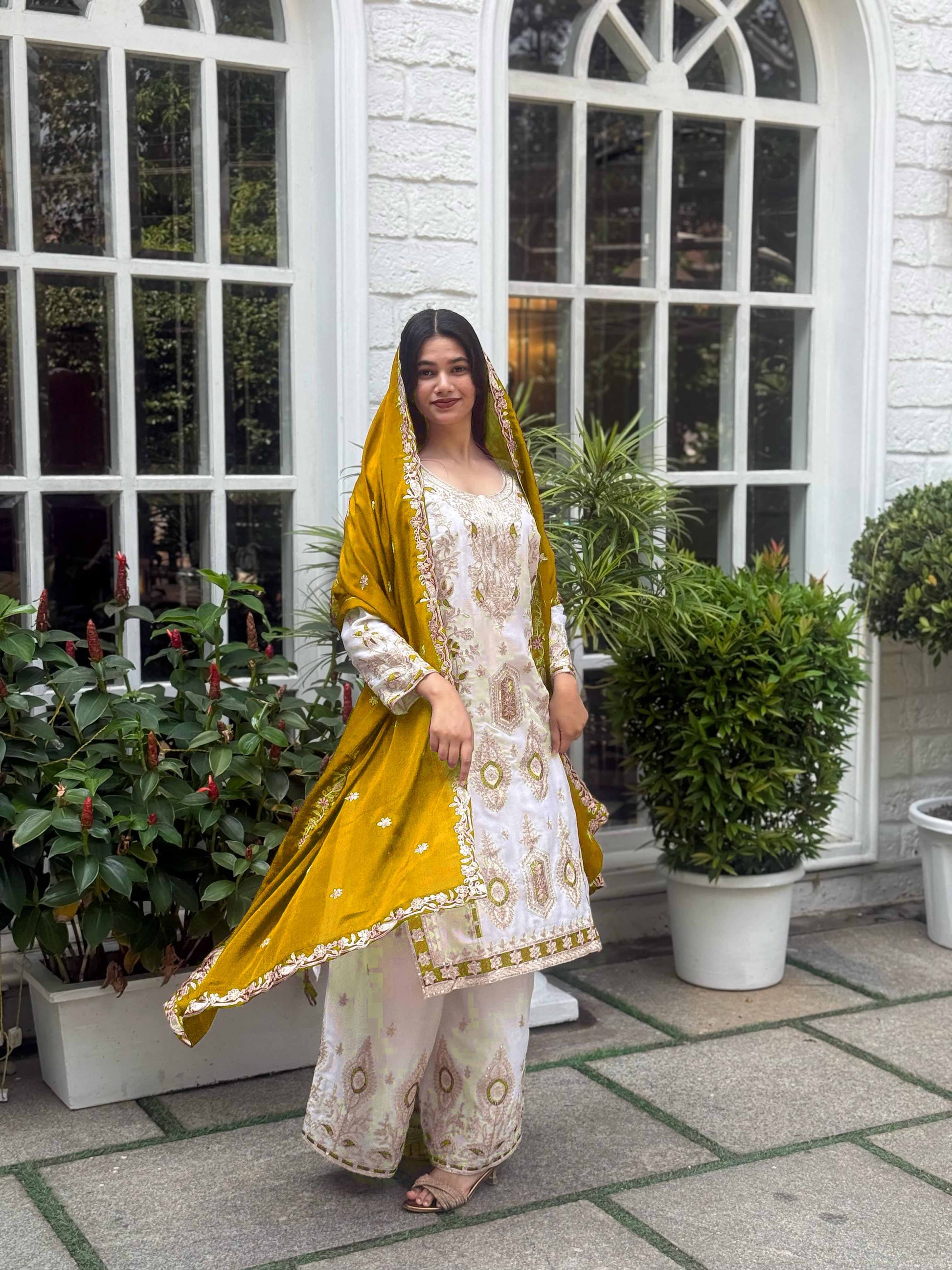 Pure Chinon Silk Suit Set with Embroidery Sequin Work | Fully Stitched Plazo Set with Dupatta YNF
