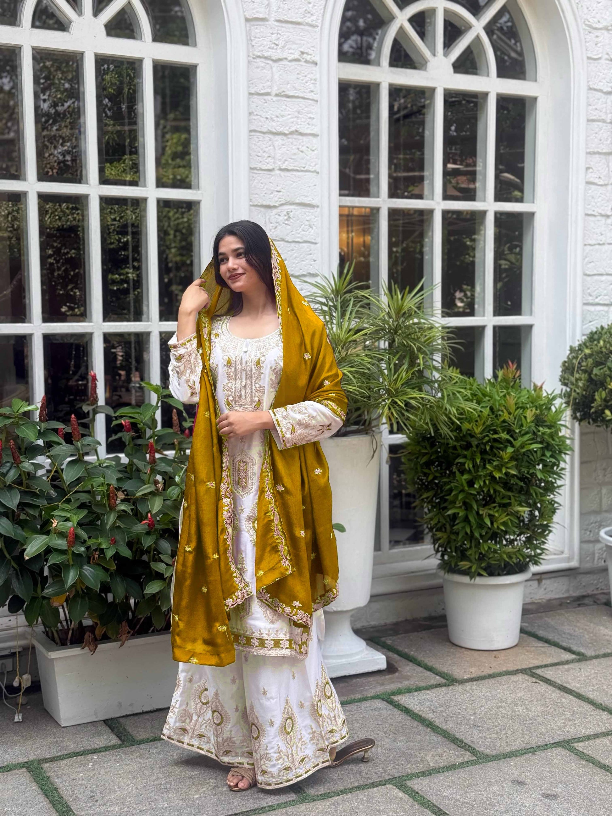 Pure Chinon Silk Suit Set with Embroidery Sequin Work | Fully Stitched Plazo Set with Dupatta YNF