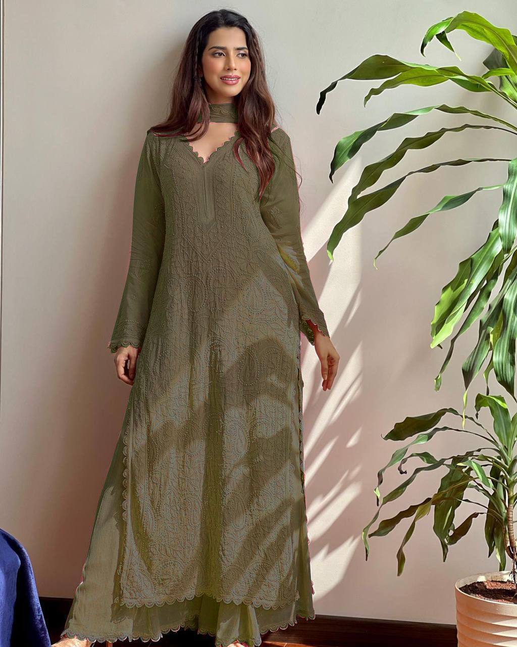 Elegant Faux Georgette Embroidered Top-Plazo Set with GPO Lace Work YNF
