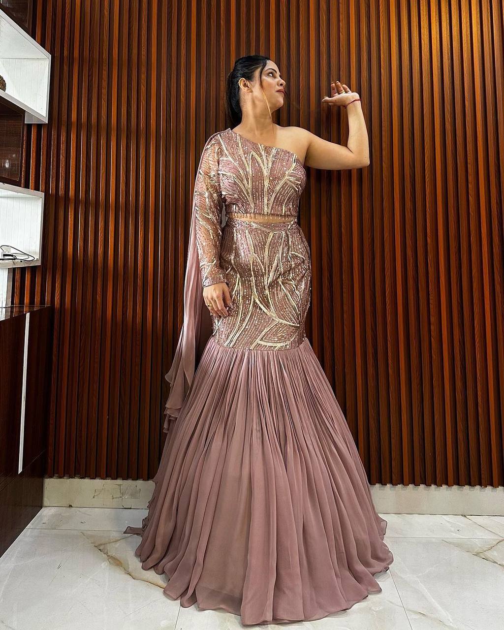 Stunning Faux Georgette Lehenga Set with Sequence Work, Ruffles & Attached Dupatta YNF