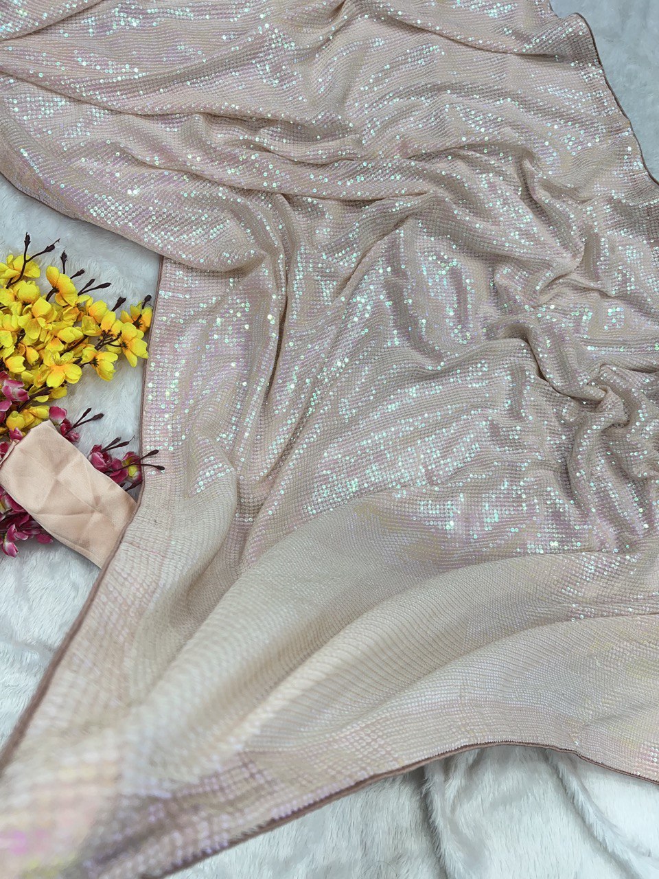 Stunning Silver Heavy Georgette Saree with Handcrafted Sequin Embroidery & Satin Silk Blouse | Designer Partywear Look YNF