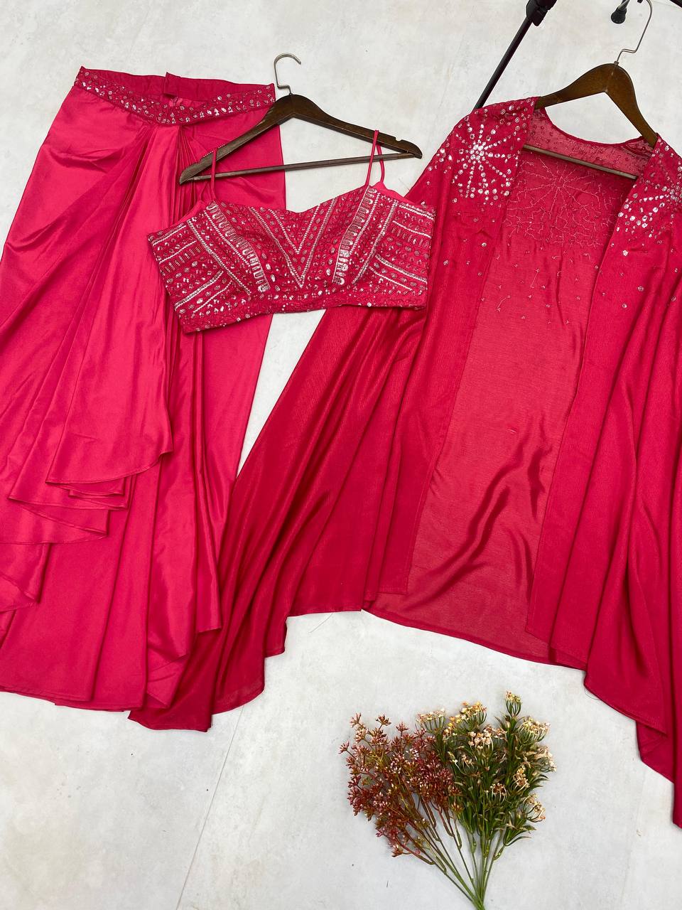 ✨Elegant 3-Piece Co-Ord Set with Draped Skirt, Tube Blouse & Embroidered Shrug | Premium Partywear Ensemble YNF