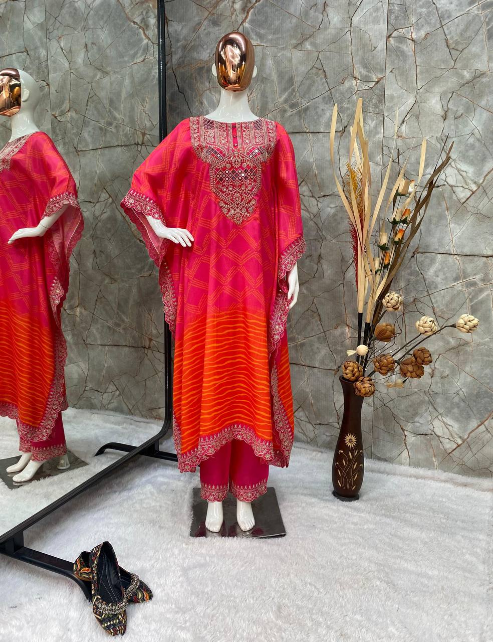 Designer Chinon Kaftan Set with Real Mirror & Luxe Embroidery | Festive Ready YNF