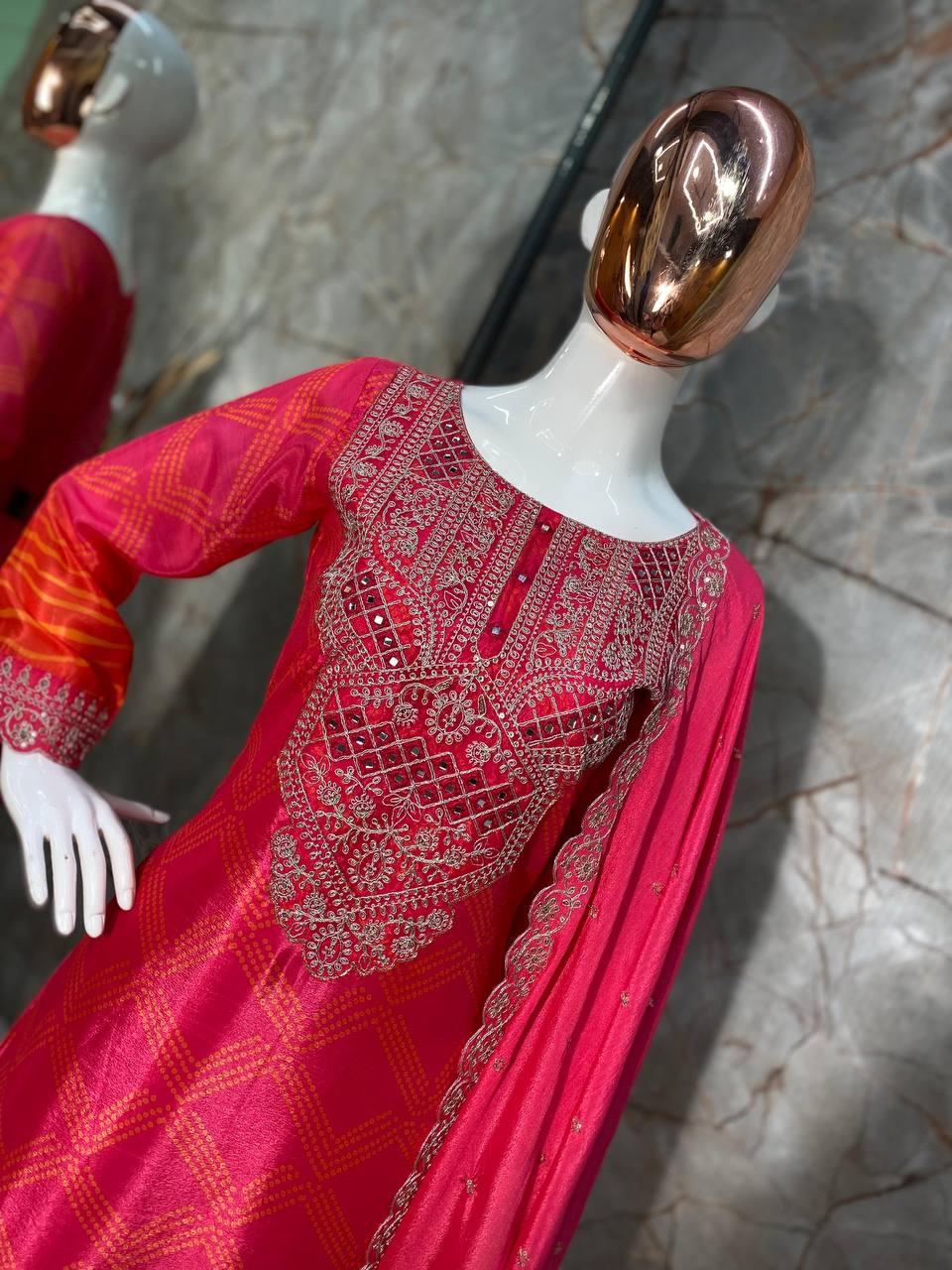Premium Chinon Silk Suit Set with Pant & Dupatta | Real Mirror & Sequence Work YNF