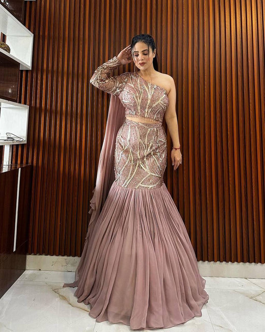 Stunning Faux Georgette Lehenga Set with Sequence Work, Ruffles & Attached Dupatta YNF