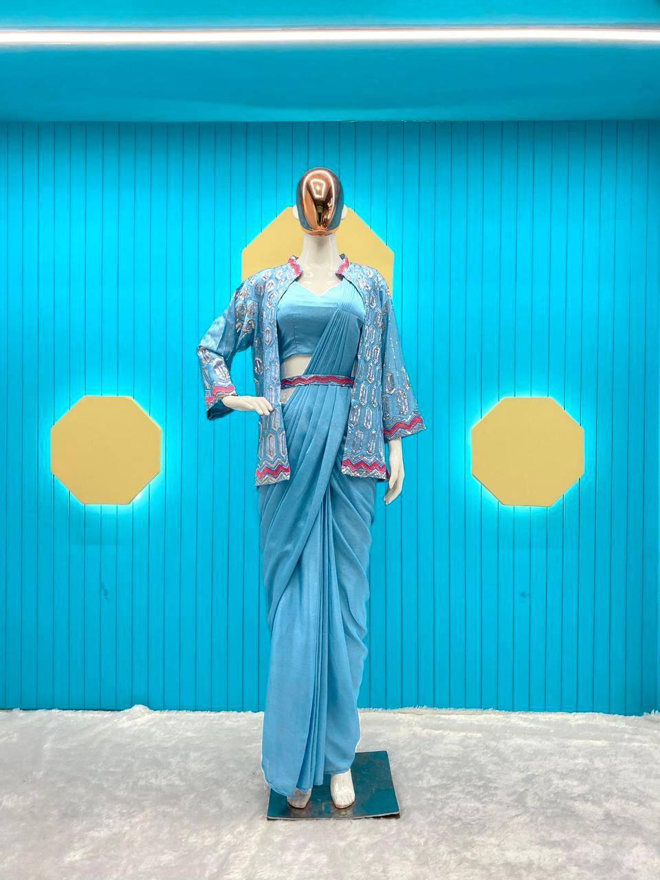 Elegant Chinon Silk Ready-to-Wear Saree Set with Embroidered Koti & Belt – Fits up to 44" YNF