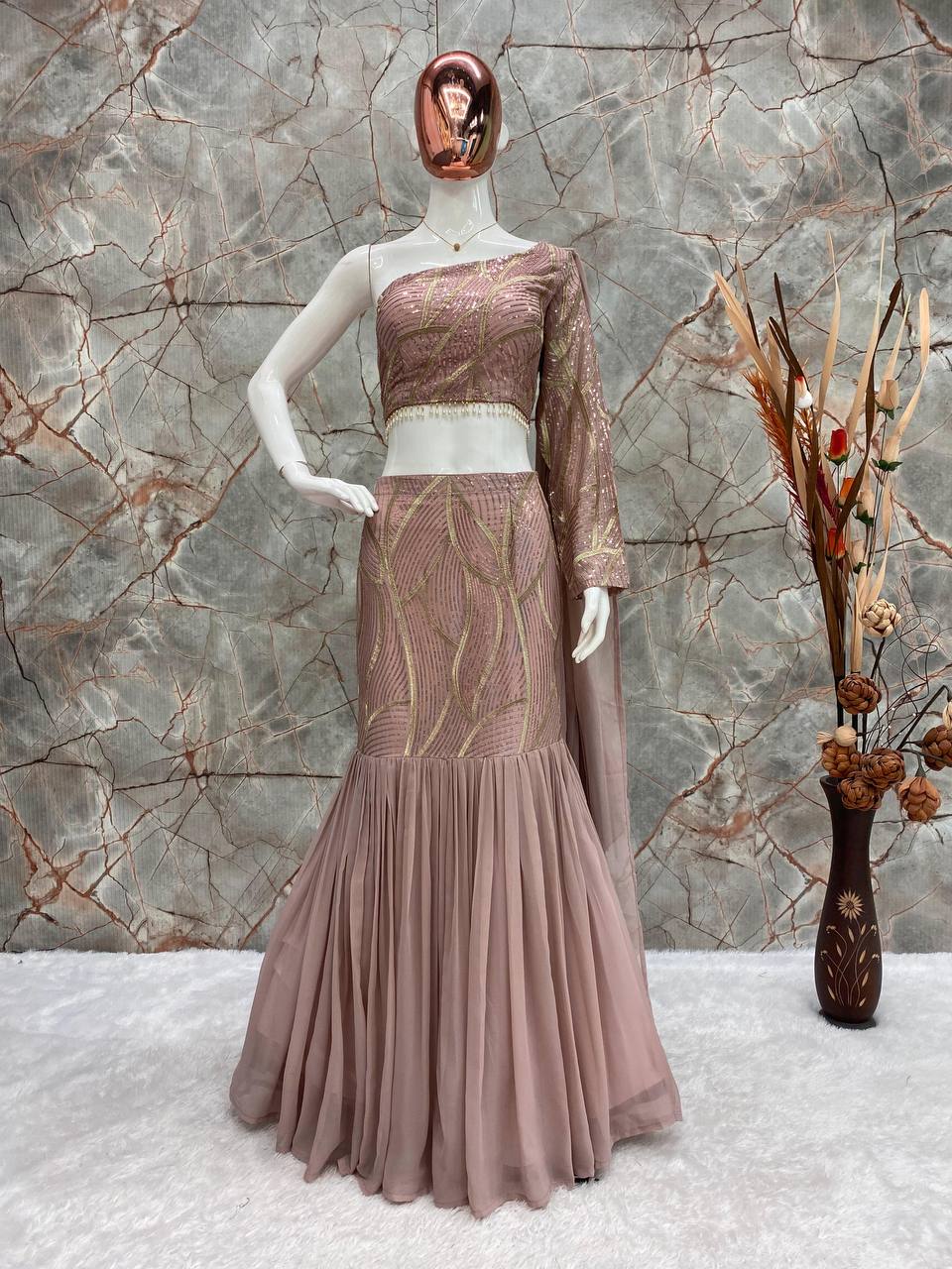Stunning Faux Georgette Lehenga Set with Sequence Work, Ruffles & Attached Dupatta YNF