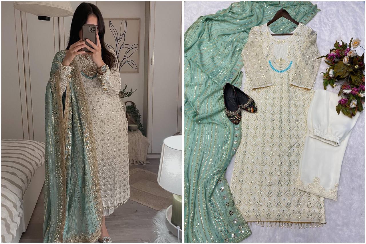 Elegant Fox Georgette Set with Sequence Embroidery & Real Mirror Dupatta YNF