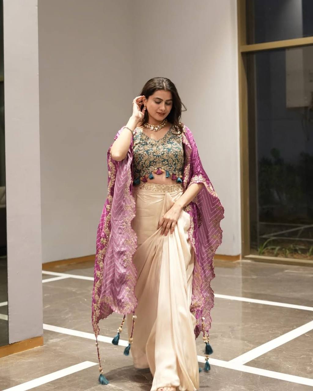 Elegant Three-Piece Ensemble with Sequence Embroidery – Tube Blouse, Draped Skirt & Shrug YNF