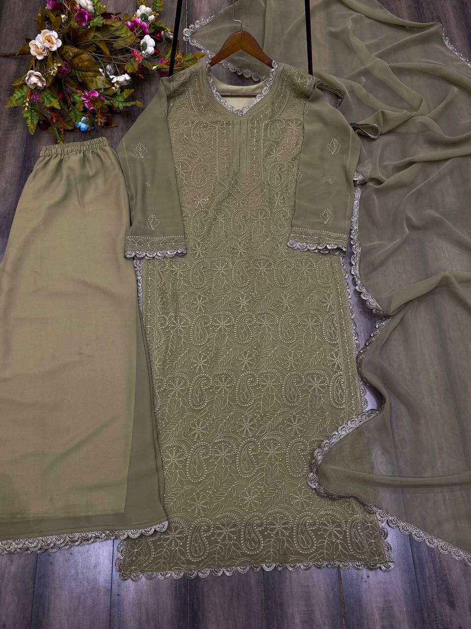 Elegant Faux Georgette Embroidered Top-Plazo Set with GPO Lace Work YNF