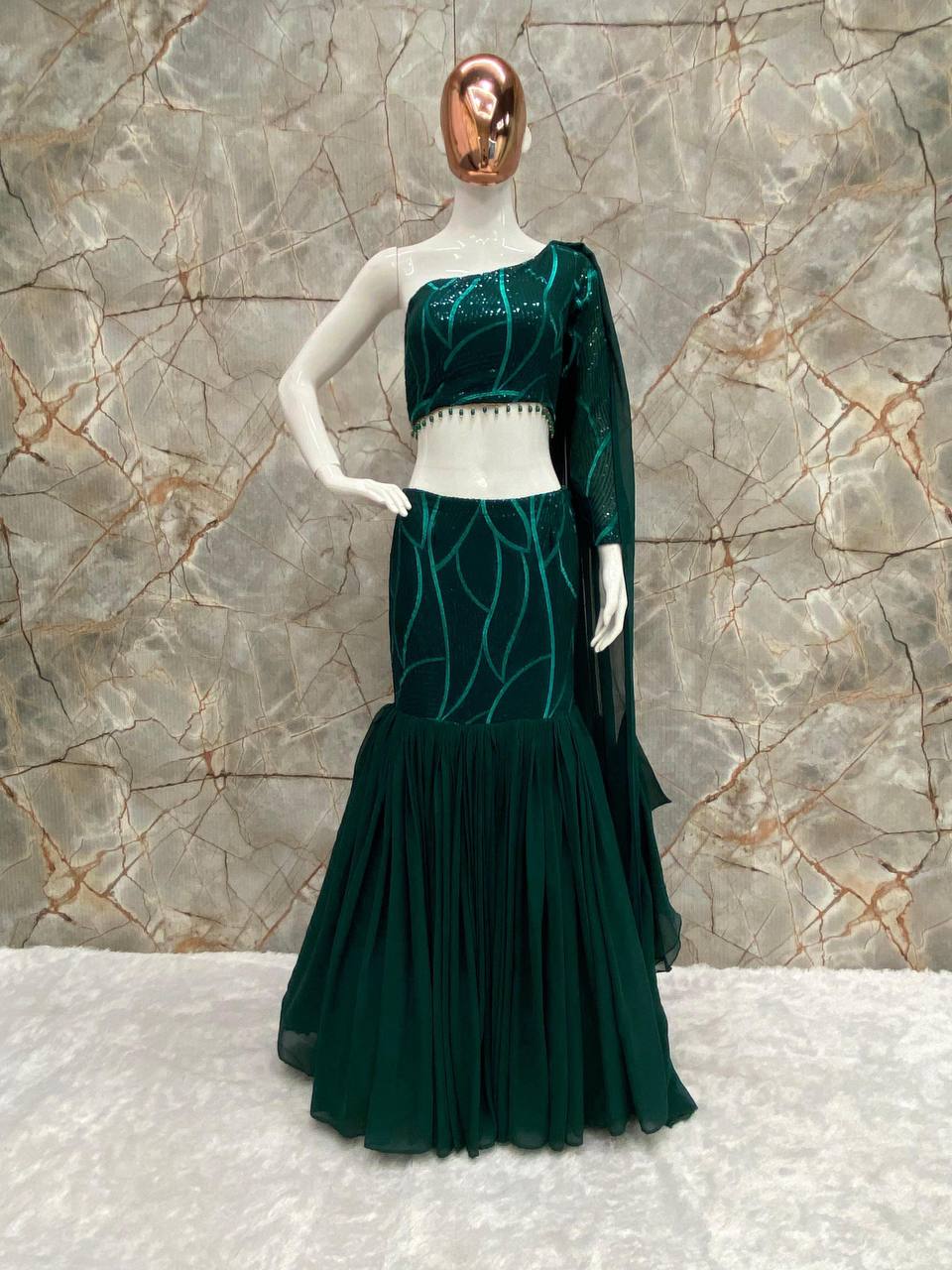 Stunning Faux Georgette Lehenga Set with Sequence Work, Ruffles & Attached Dupatta YNF