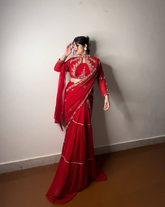Faux Georgette Lehenga Saree with Ruffle & Mirror Work | Full Stitched with Sequins Embroidered Blouse YNF
