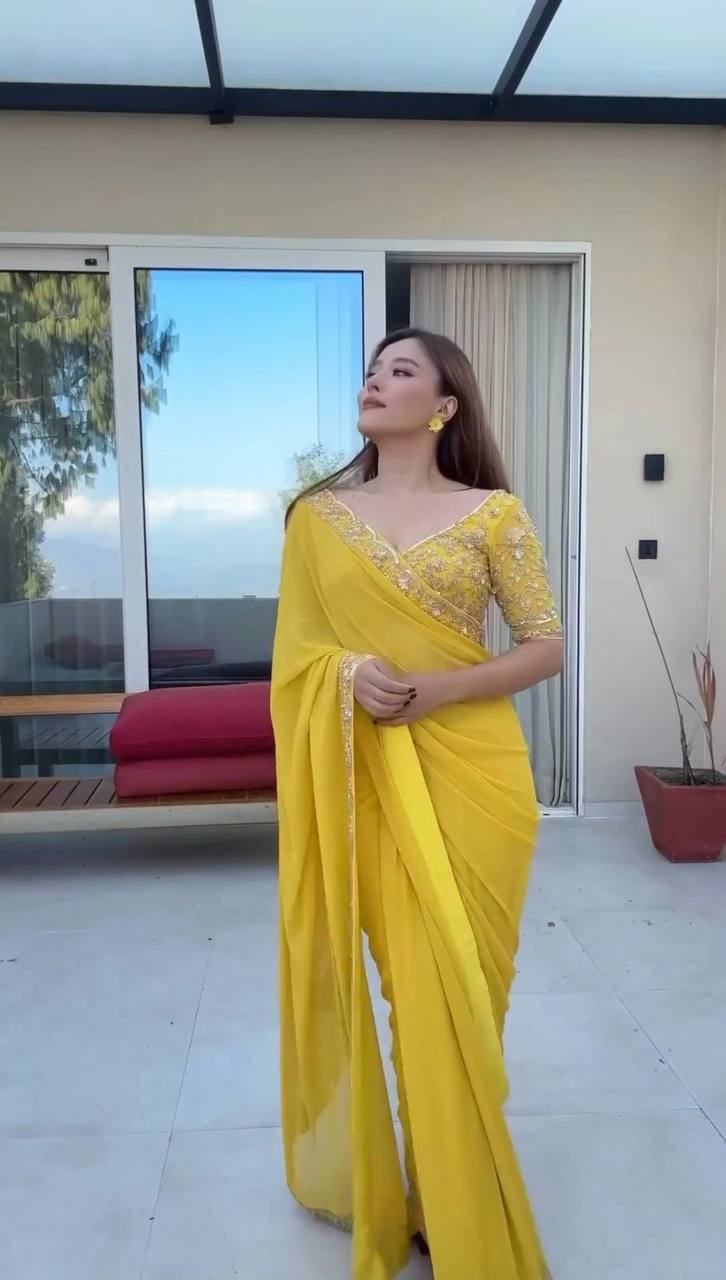 Premium Moss Chiffon Saree with Embroidery Lace & Sequins Work | Unstitched Banglory Silk Blouse YNF