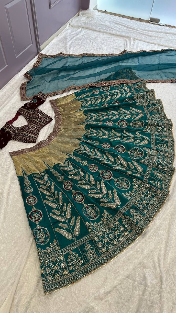 Graceful Mulmul Silk Lehenga Set with Thread, Zari, Dori & Sequins Work | 9000 Velvet Unstitched Blouse & Organza Dupatta | Premium Partywear for Women YNF