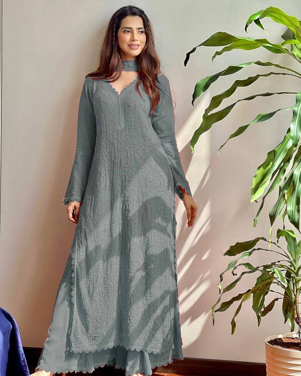 Elegant Faux Georgette Embroidered Top-Plazo Set with GPO Lace Work YNF