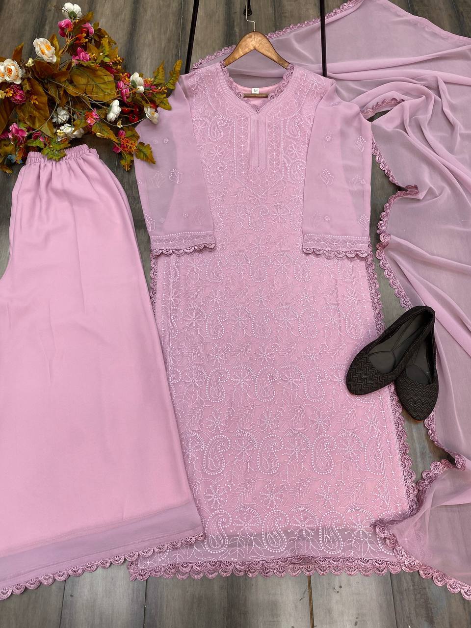 Elegant Faux Georgette Embroidered Top-Plazo Set with GPO Lace Work YNF