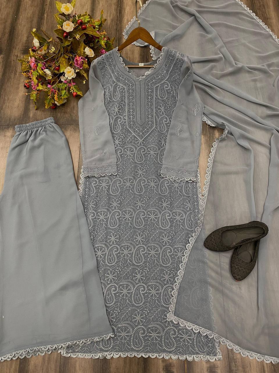 Elegant Faux Georgette Embroidered Top-Plazo Set with GPO Lace Work YNF