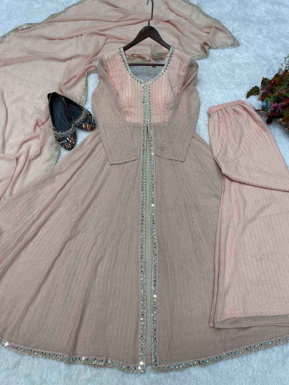 Stunning Faux Georgette Top-Plazo Set with Cording Embroidery & Real Mirror Work YNF