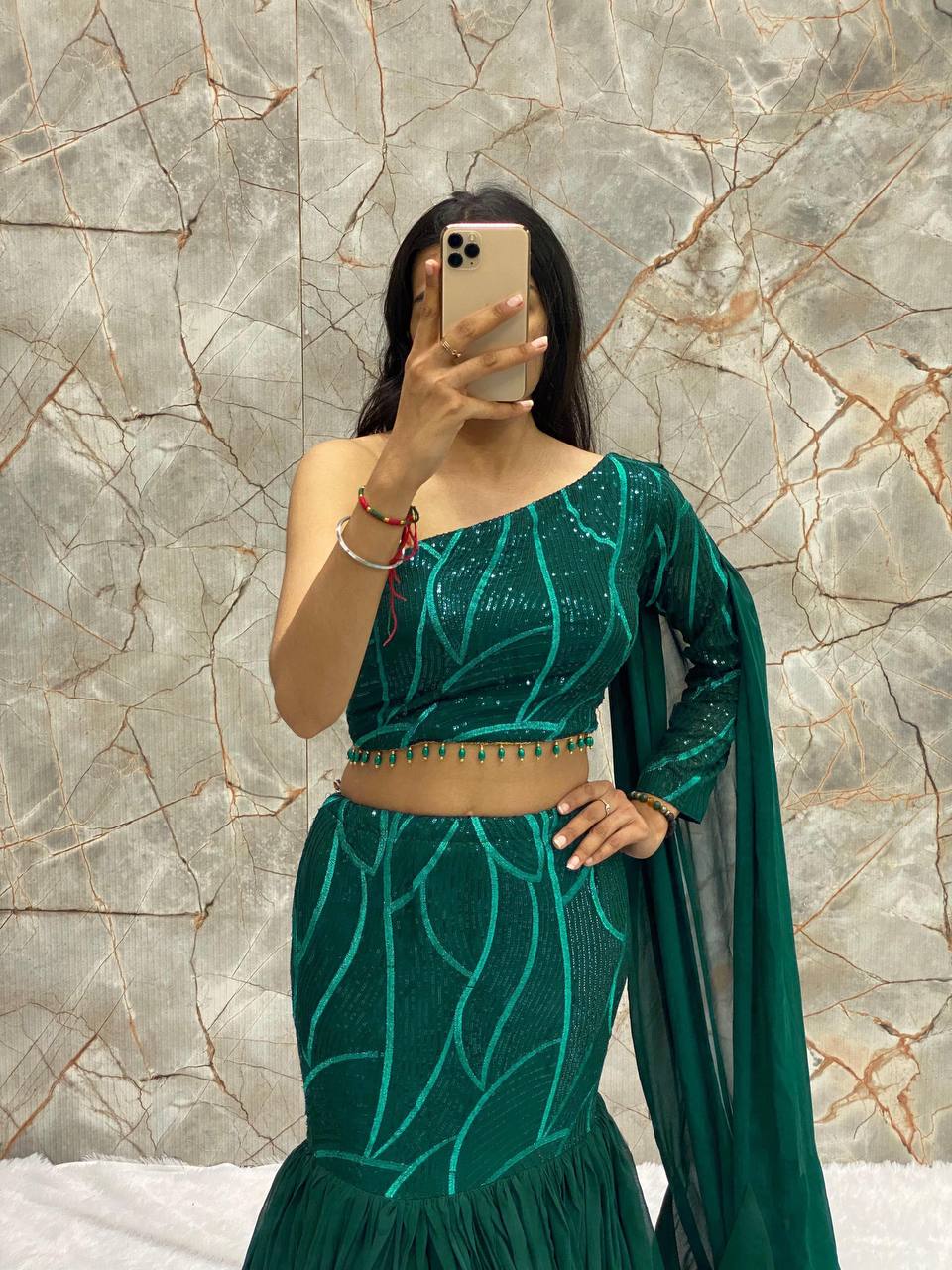 Stunning Faux Georgette Lehenga Set with Sequence Work, Ruffles & Attached Dupatta YNF