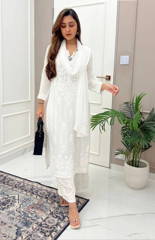 Elegant Maslin Embroidered Suit Set with Plazo & Dupatta | Thread Work Detailing YNF