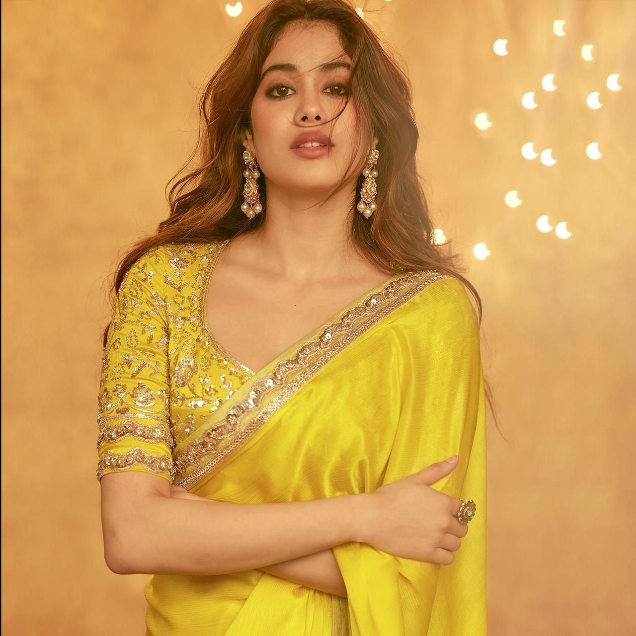Premium Moss Chiffon Saree with Embroidery Lace & Sequins Work | Unstitched Banglory Silk Blouse YNF