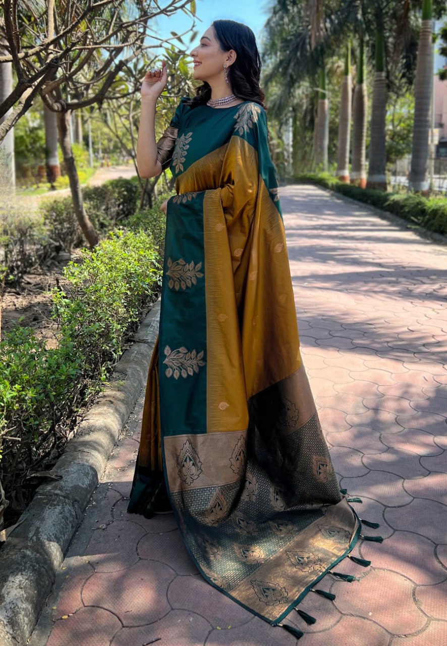 Luxurious Banarasi Soft Silk Saree with Gold Zari & Heavy Brocade Work | 5.5 M Length | 5 Color Options | Traditional Elegance YNF