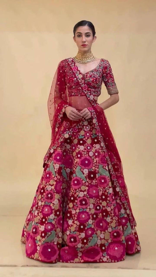 Luxury Tapeta Velvet Lehenga Set with Chainstitch Embroidery & Sequins Work | Unstitched Blouse & Net Dupatta | Premium Partywear for Women YNF
