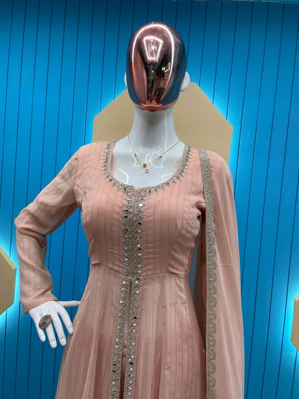 Stunning Faux Georgette Top-Plazo Set with Cording Embroidery & Real Mirror Work YNF