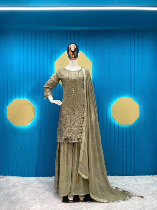 Elegant Georgette Suit with Gharara & Dupatta – Real Mirror & Sequin Embroidery YNF