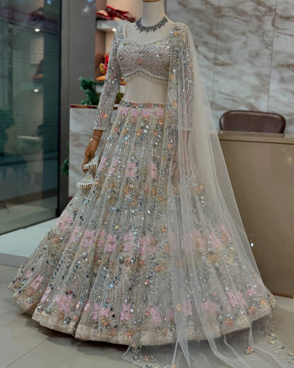 Real Mirror Embroidered Soft Butterfly Net Lehenga Set | Semi-Stitched with Dupatta & Blouse YNF