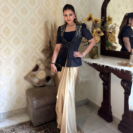 rendy Ethnic Set with Tube Blouse, Dhoti & Embroidered Blazer | French Crape & Japan Satin | Free Size | Premium Finish YNF