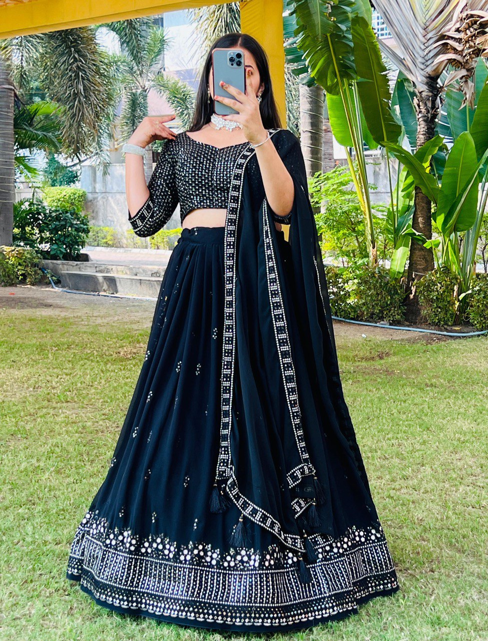Heavy Georgette Embroidered Lehenga Set with Zari Work & Tassel Details | Stitched Lehenga with Unstitched Blouse & Dupatta YNF