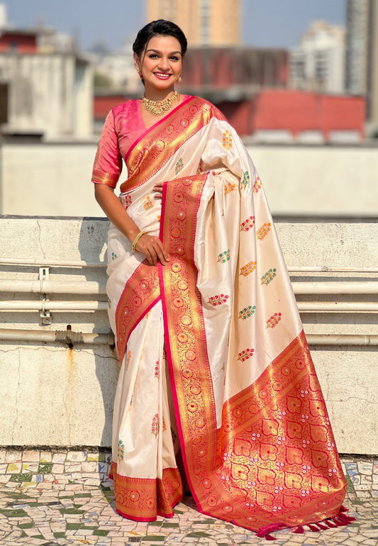 Elegant Soft Silk Saree with Meenakari Butta & Contrast Zari Border YNF