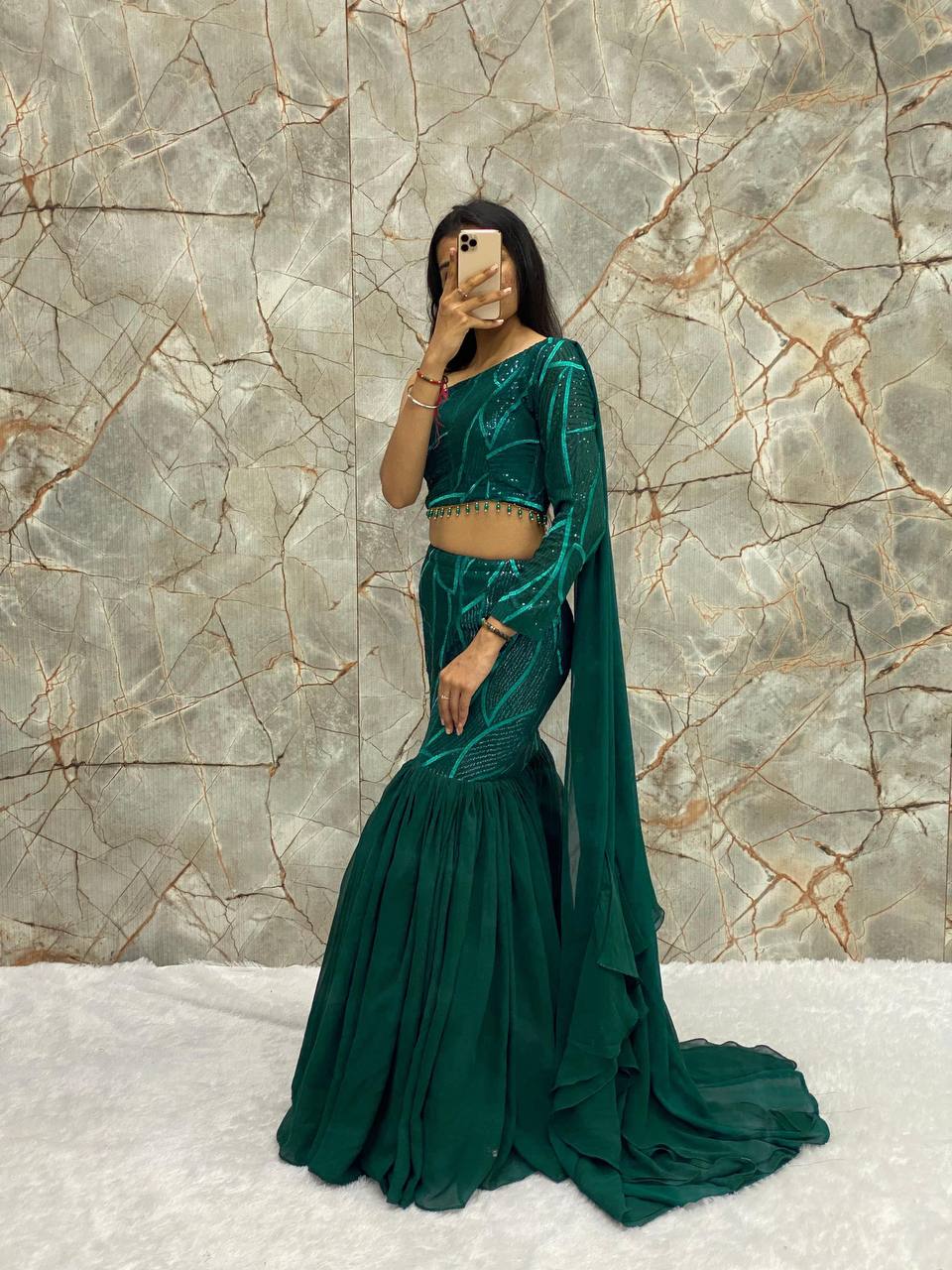 Stunning Faux Georgette Lehenga Set with Sequence Work, Ruffles & Attached Dupatta YNF