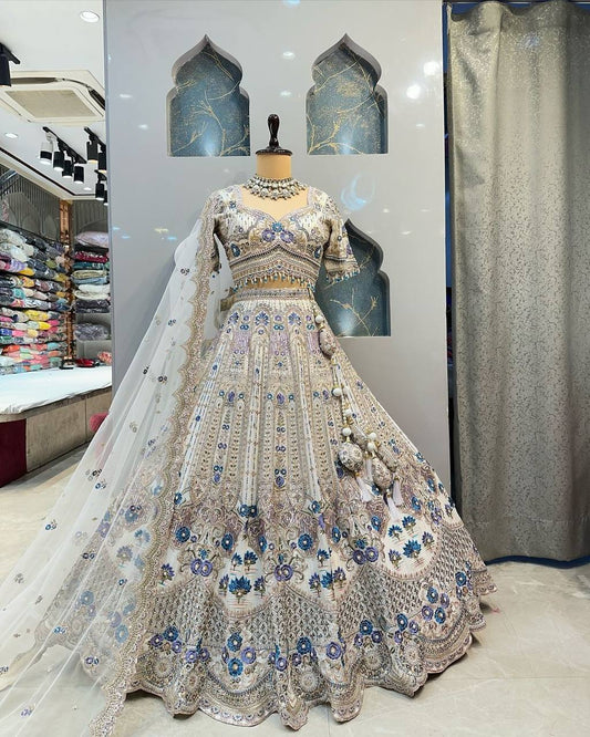 Exquisite Heavy Mono Satin Silk Lehenga Set with Sequins Cut Work, Flared 4 M, Unstitched Blouse & Soft Chinon Silk Dupatta YNF