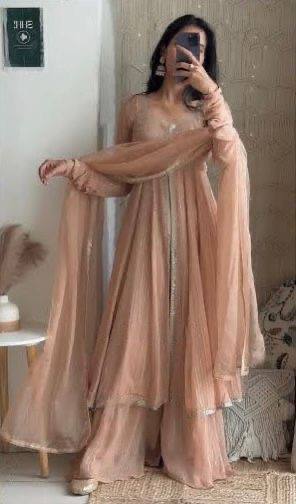 Stunning Faux Georgette Top-Plazo Set with Cording Embroidery & Real Mirror Work YNF