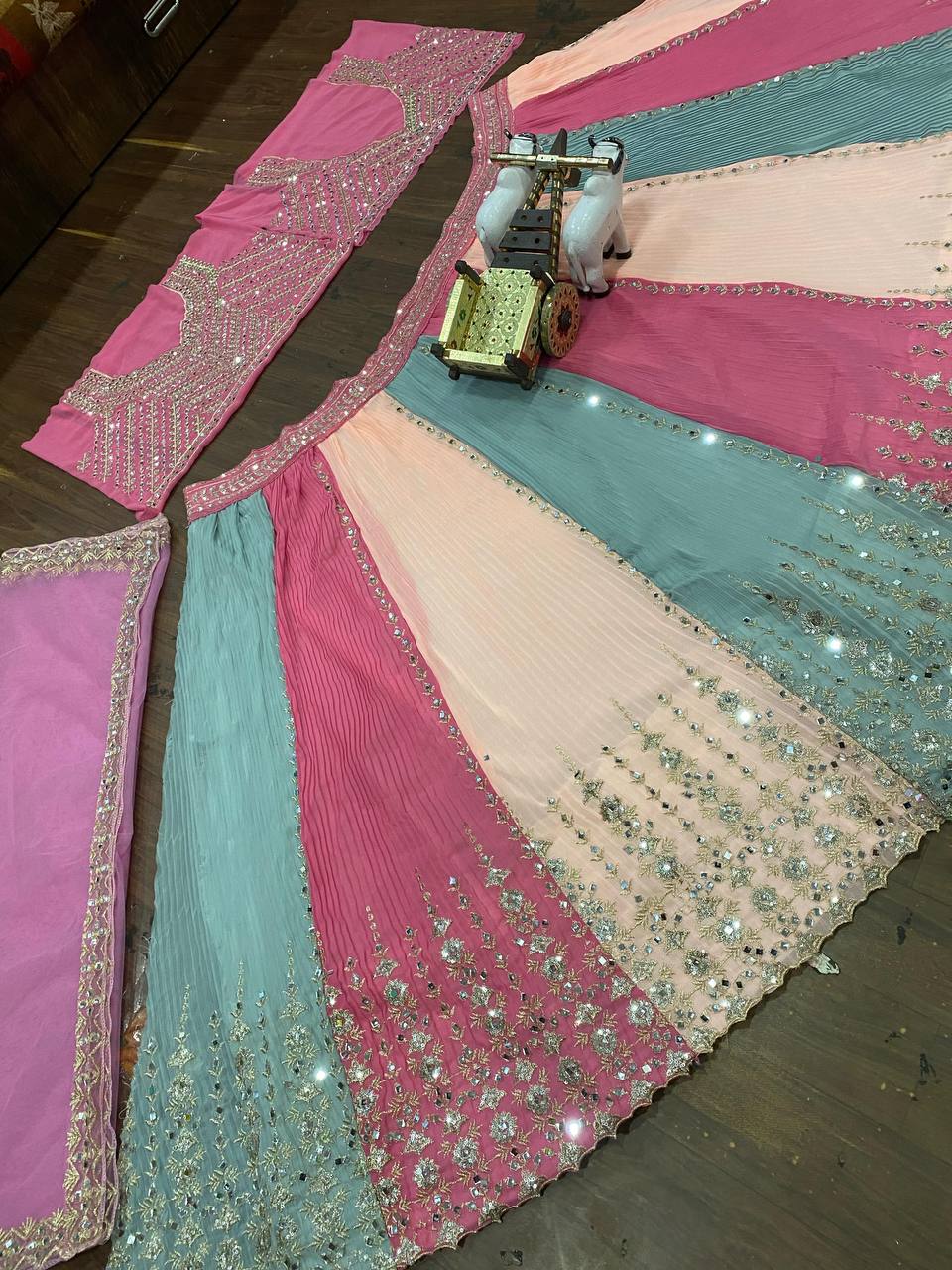 Fox Georgette Lehenga Set with Crushed Real Mirror Embroidery & Butterfly Net Dupatta YNF
