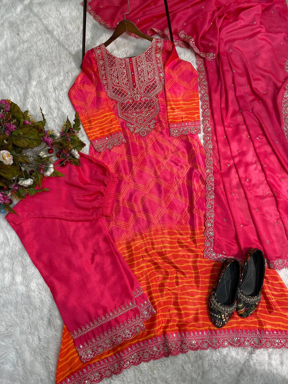 Premium Chinon Silk Suit Set with Pant & Dupatta | Real Mirror & Sequence Work YNF